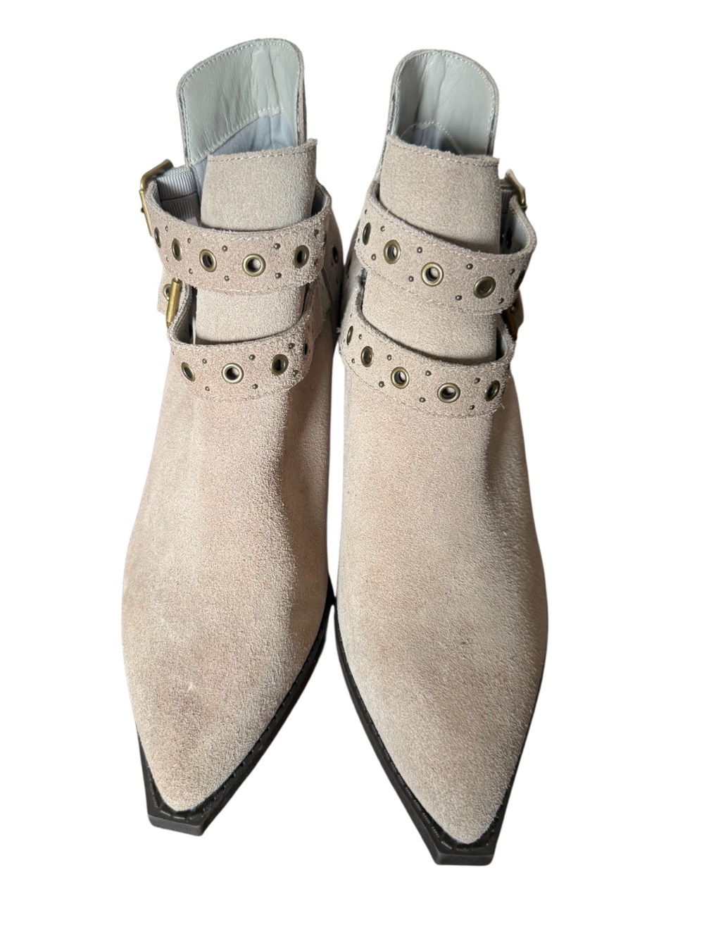 Elsa Suede Ankle Boots in Light Beige with Stud Straps by Naughty Monkey Size 8
